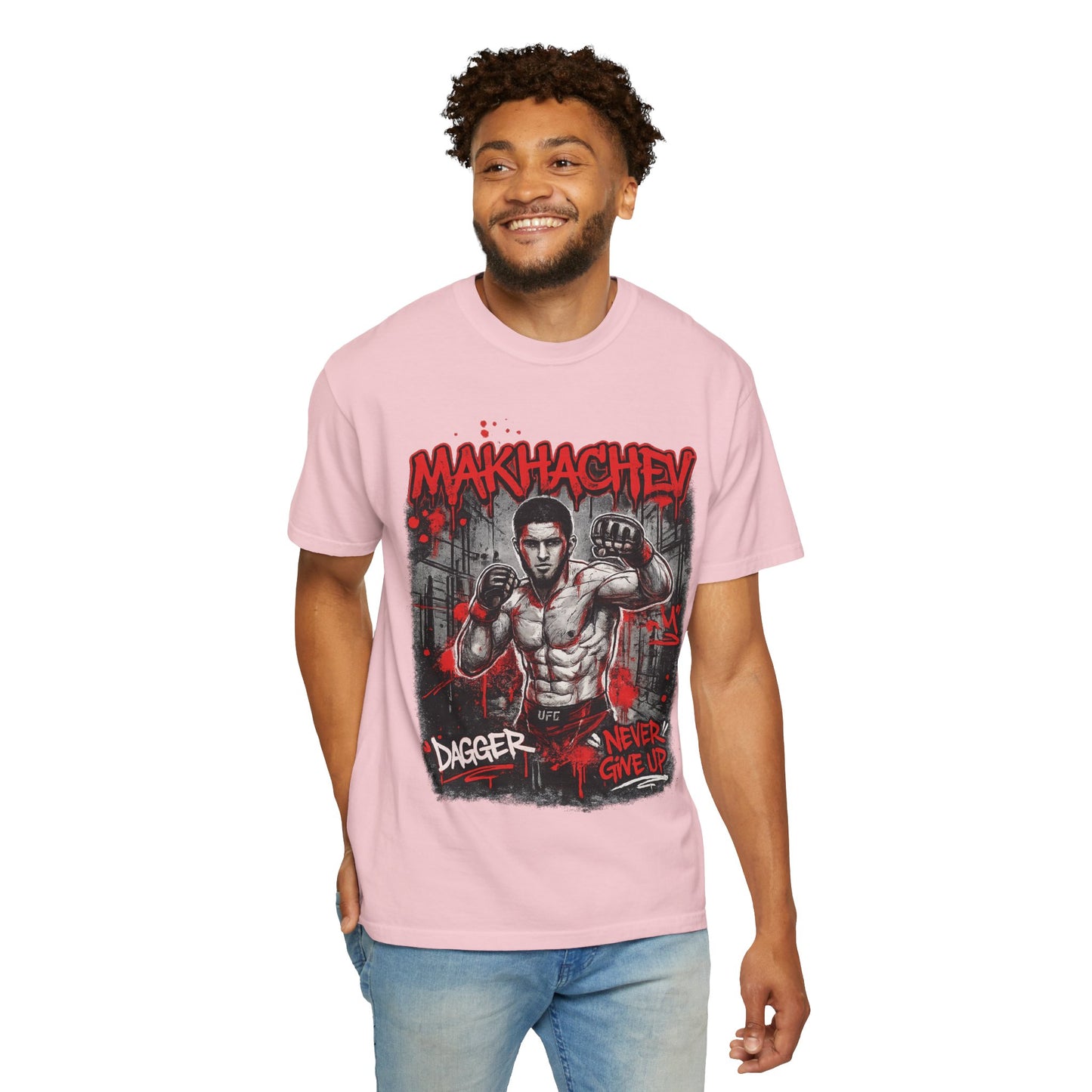 Makhachev MMA Fighter T-Shirt — 'Dagger Never Give Up' Graphic Tee