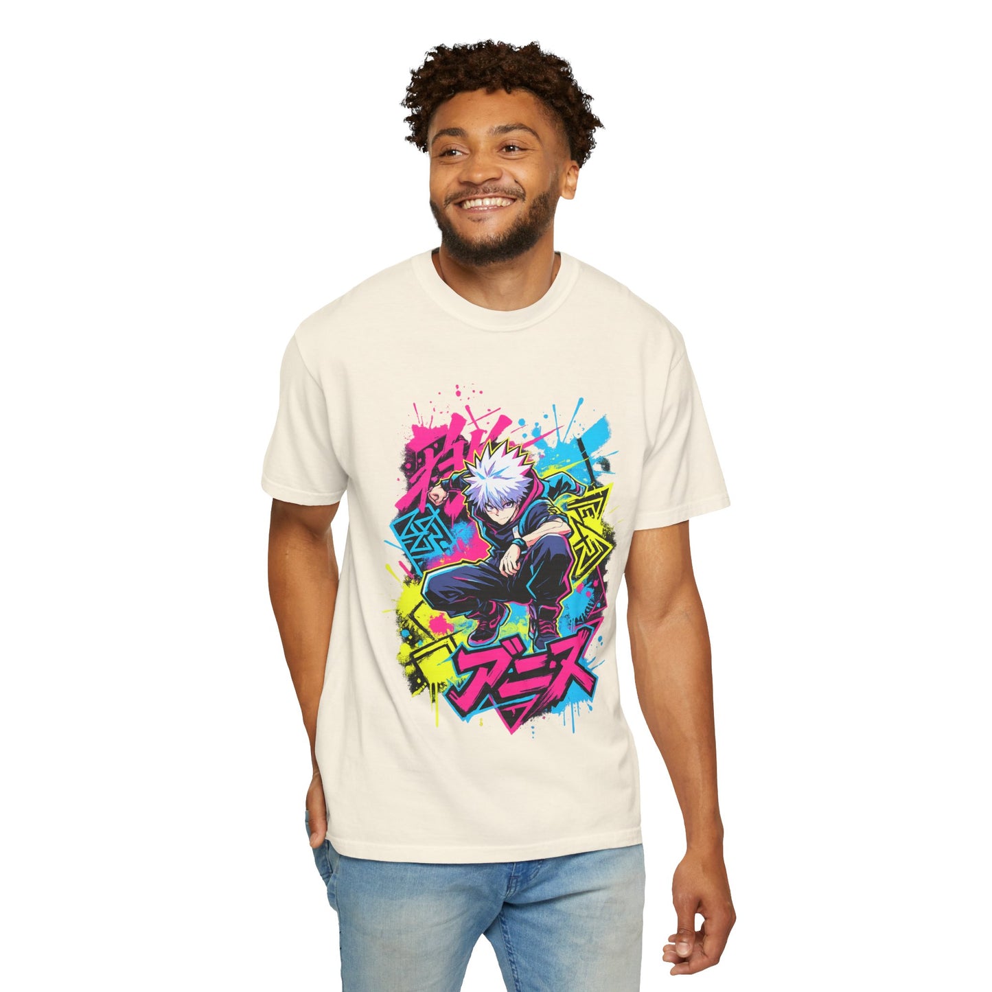 Anime Graphic T-Shirt — Vibrant Neon Jujutsu Kaisen Style Design