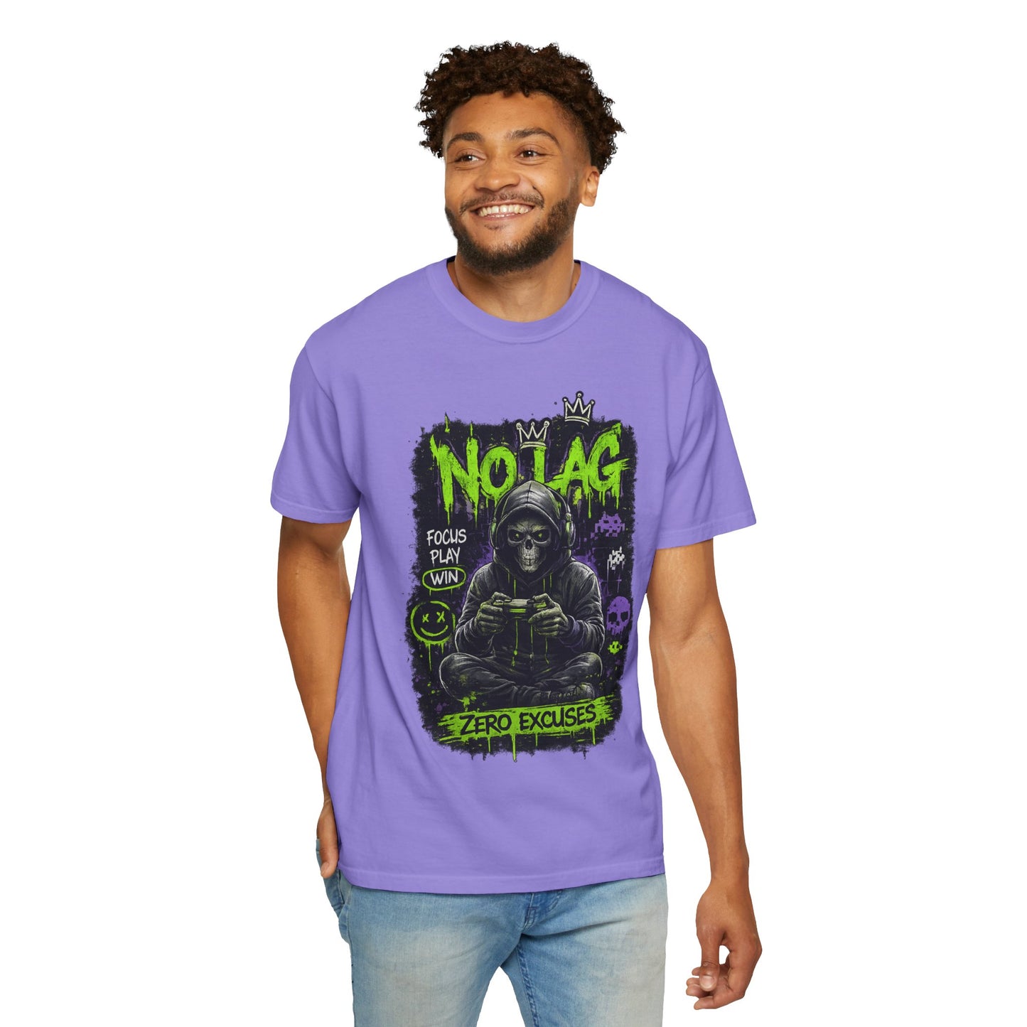 No Lag Gamer T-Shirt — “Zero Excuses” Neon Skull Gaming Tee