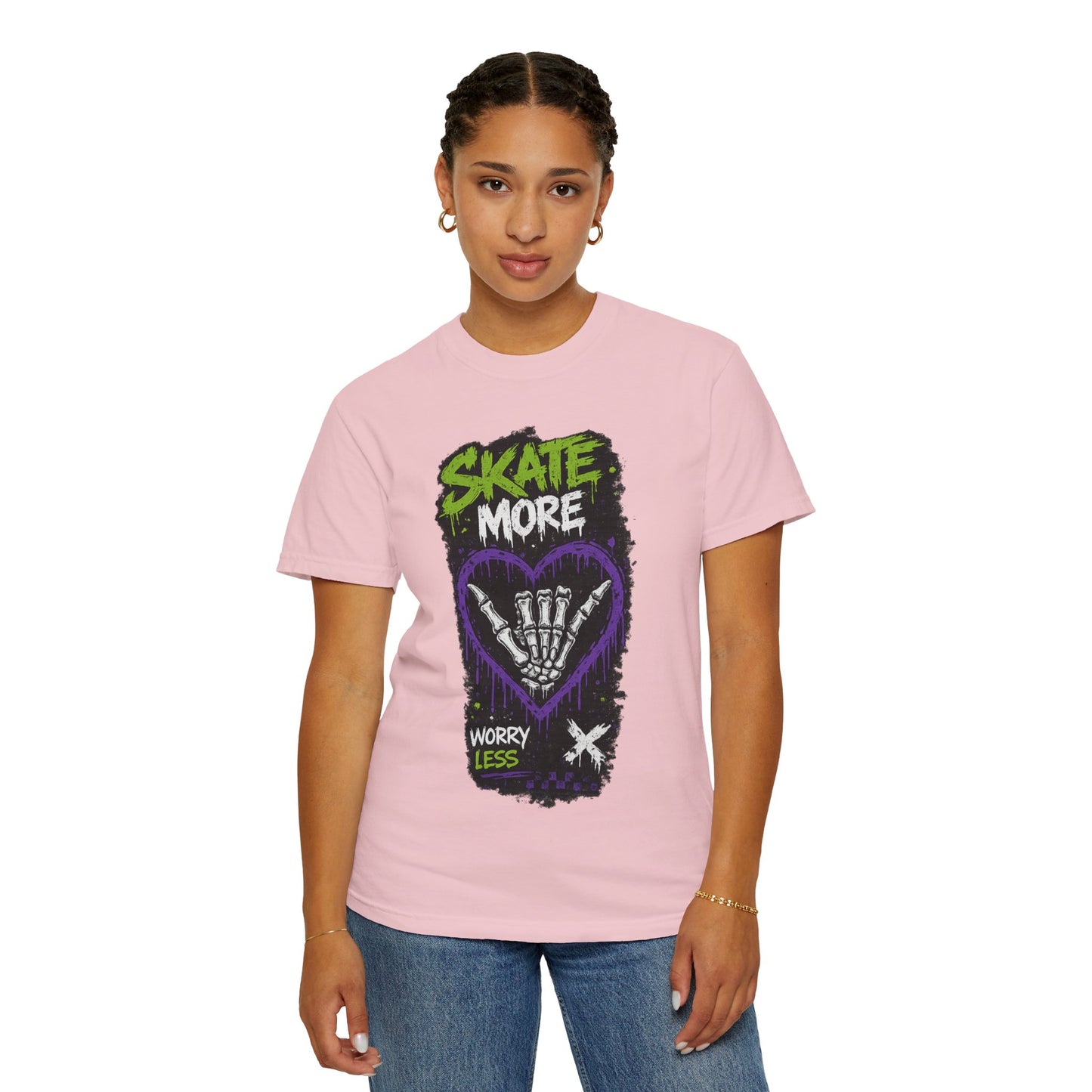 Skate More Worry Less T-Shirt — Skateboard Skeleton Hand Graphic Tee