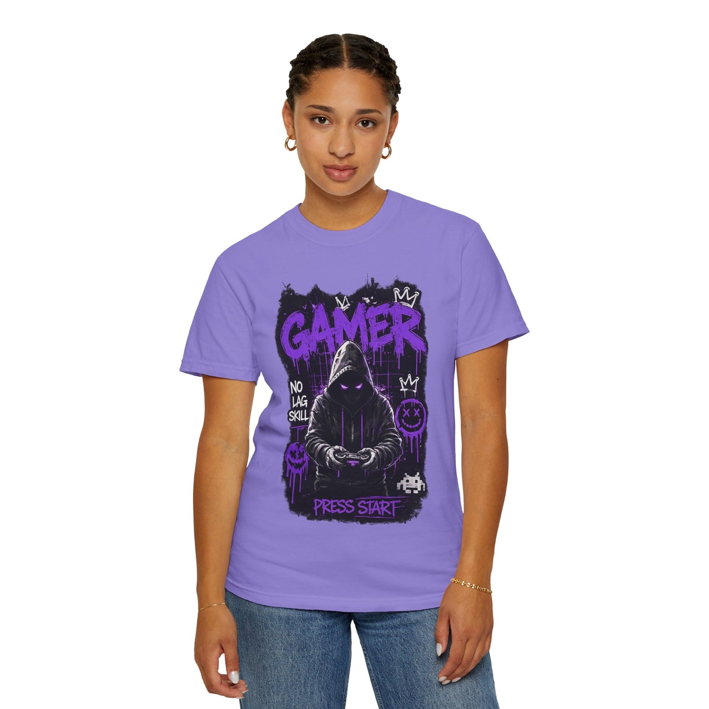 Gamer Hoodie Skull T‑Shirt — 'GAMER' Purple Graphic Press Start Tee