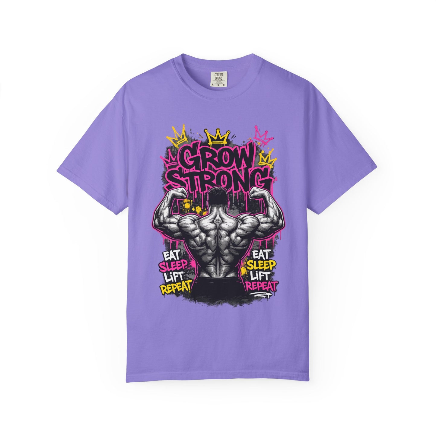 Grow Strong muscular back illustration T-shirt | Eat Sleep Lift Repeat gym tee