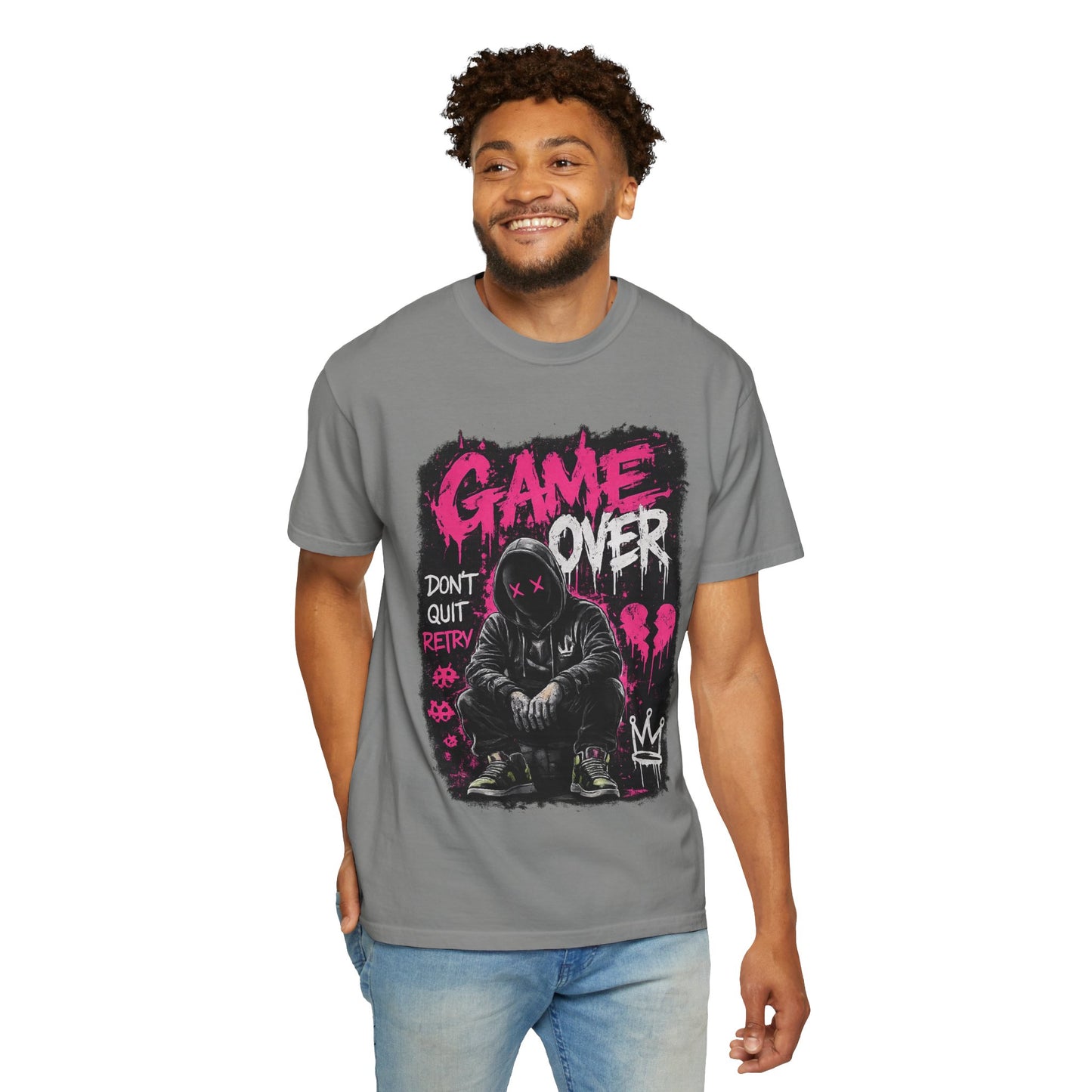 Game Over Graphic T-Shirt — Urban Streetwear Tee with Hooded Figure & 'Don't Quit, Retry' Design