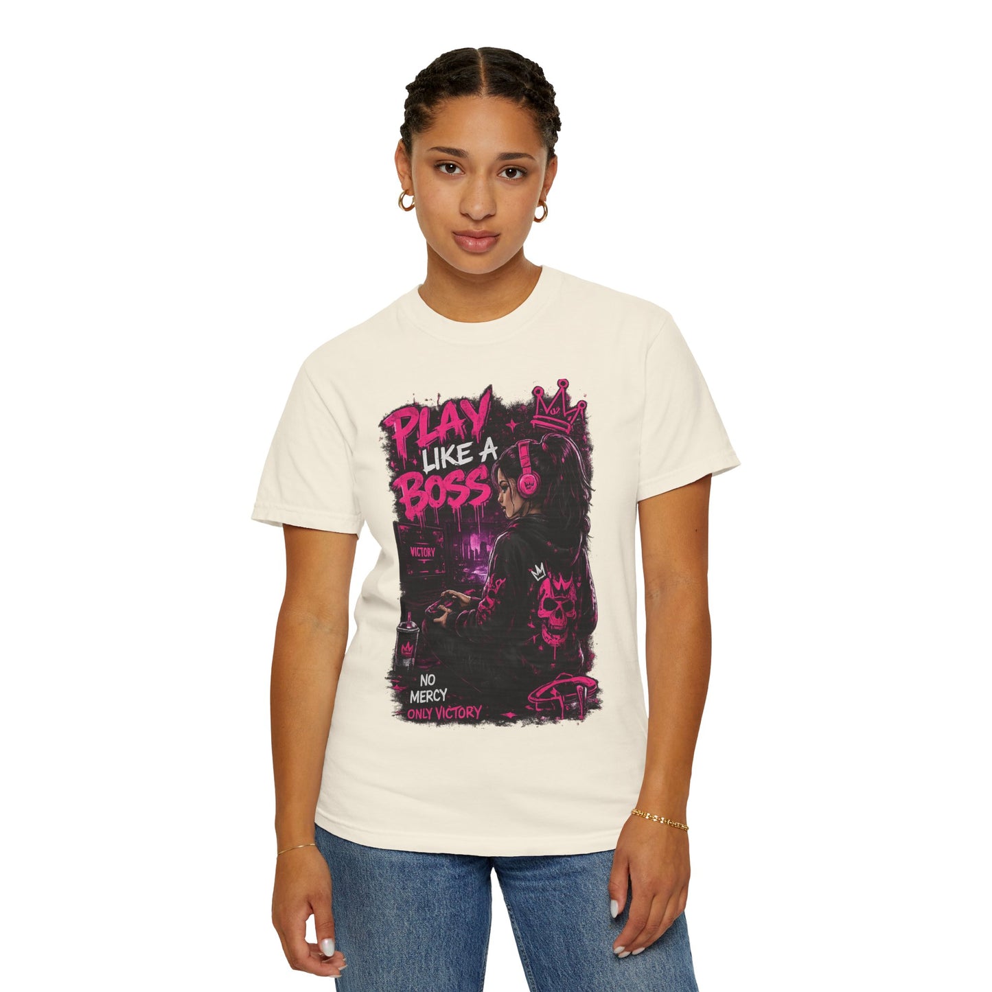 Play Like a Boss T-Shirt — Gamer Crown Graphic Tee ("No Mercy, Only Victory")