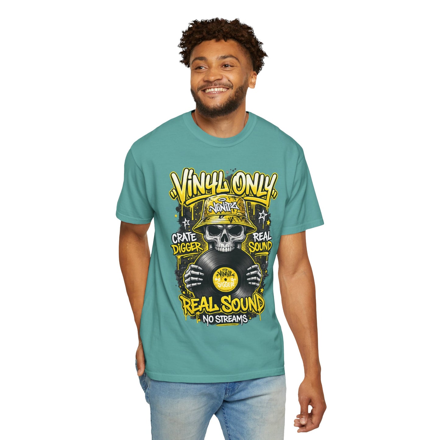 Vinyl Only Skull T-Shirt – "Real Sound, No Streams" Retro DJ Tee