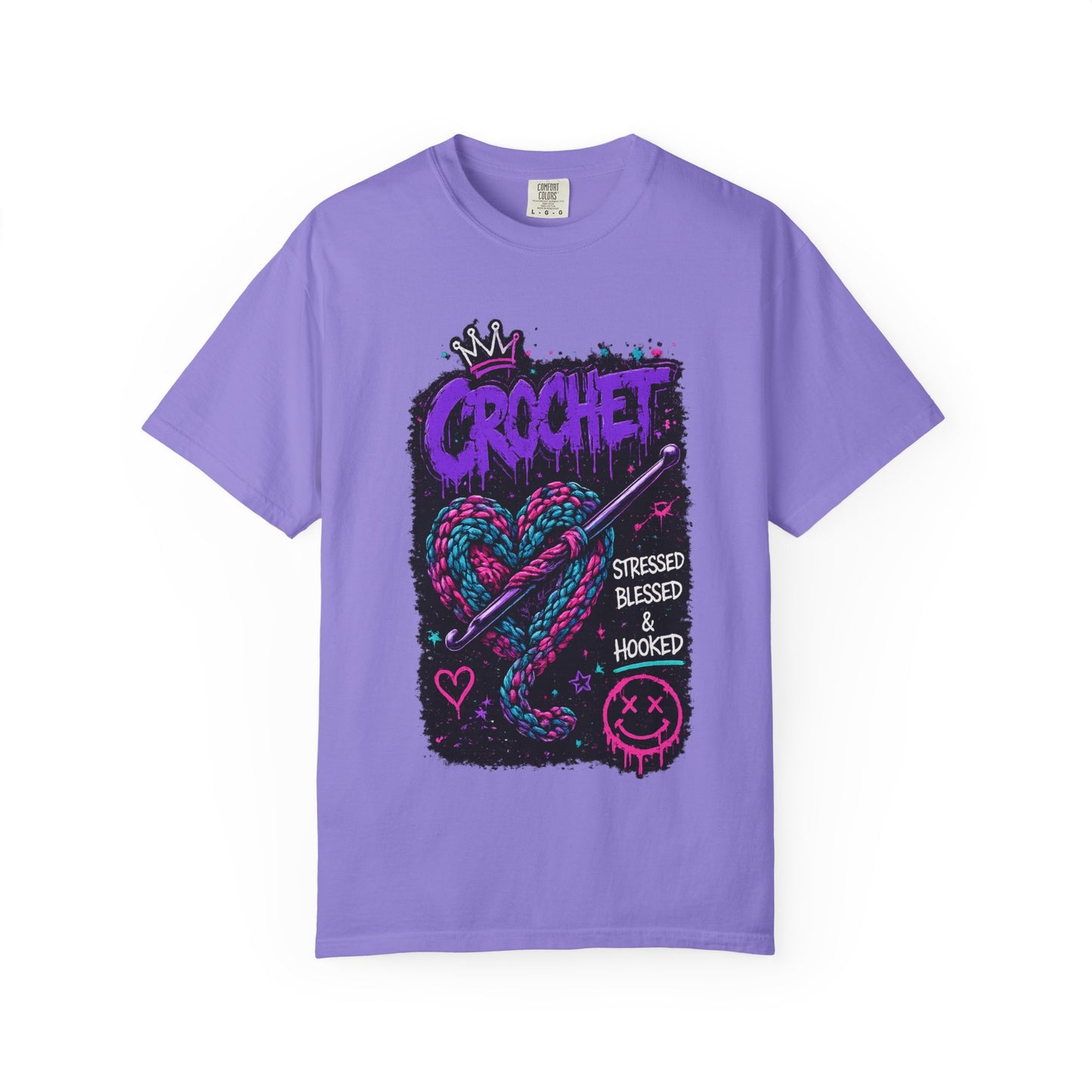 Crochet Graphic T-Shirt — "Stressed Blessed & Hooked" Retro Heart Design