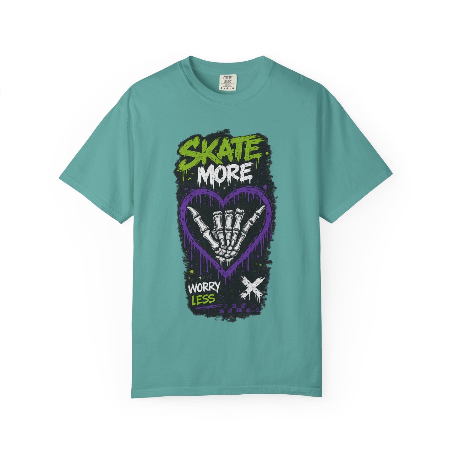 Skate More Worry Less T-Shirt — Skateboard Skeleton Hand Graphic Tee