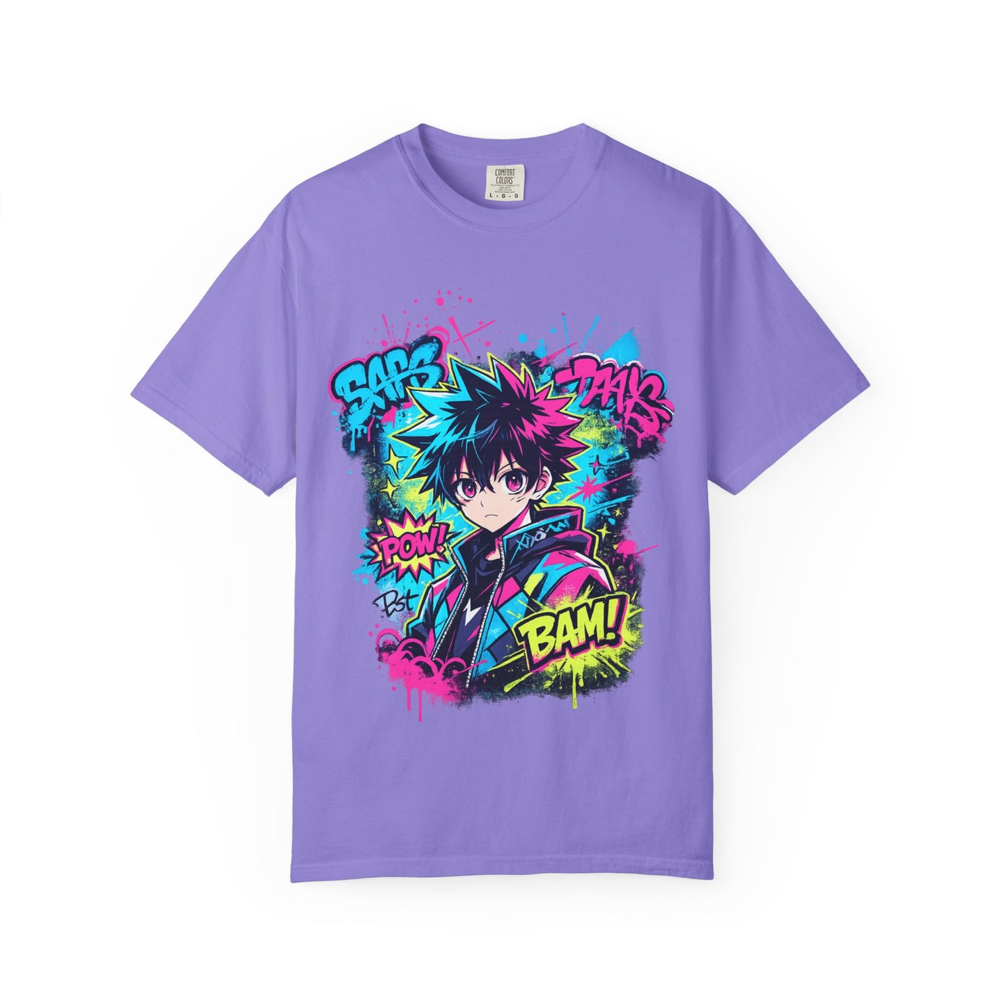 Anime Comic Boy Graphic T-Shirt — Neon Manga "BAM!" Design