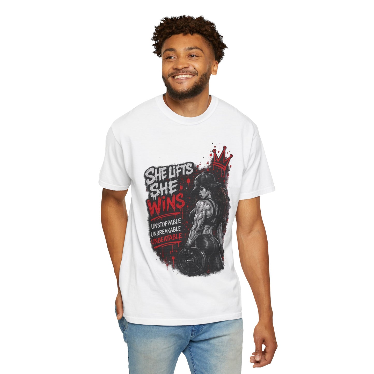 She Lifts She Wins T-Shirt — Women’s Strength Fitness Graphic Tee