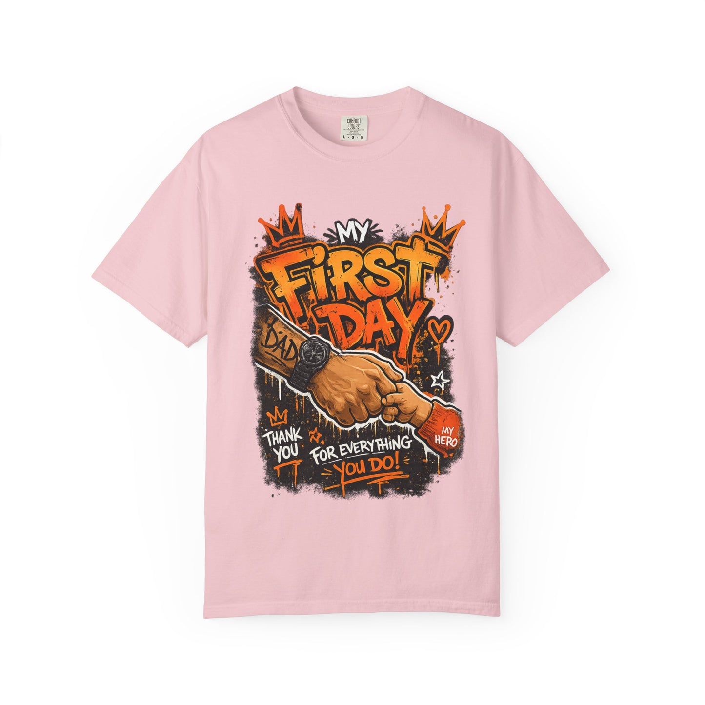 My First Day graphic T-shirt | Thank You Dad, hand shake illustration