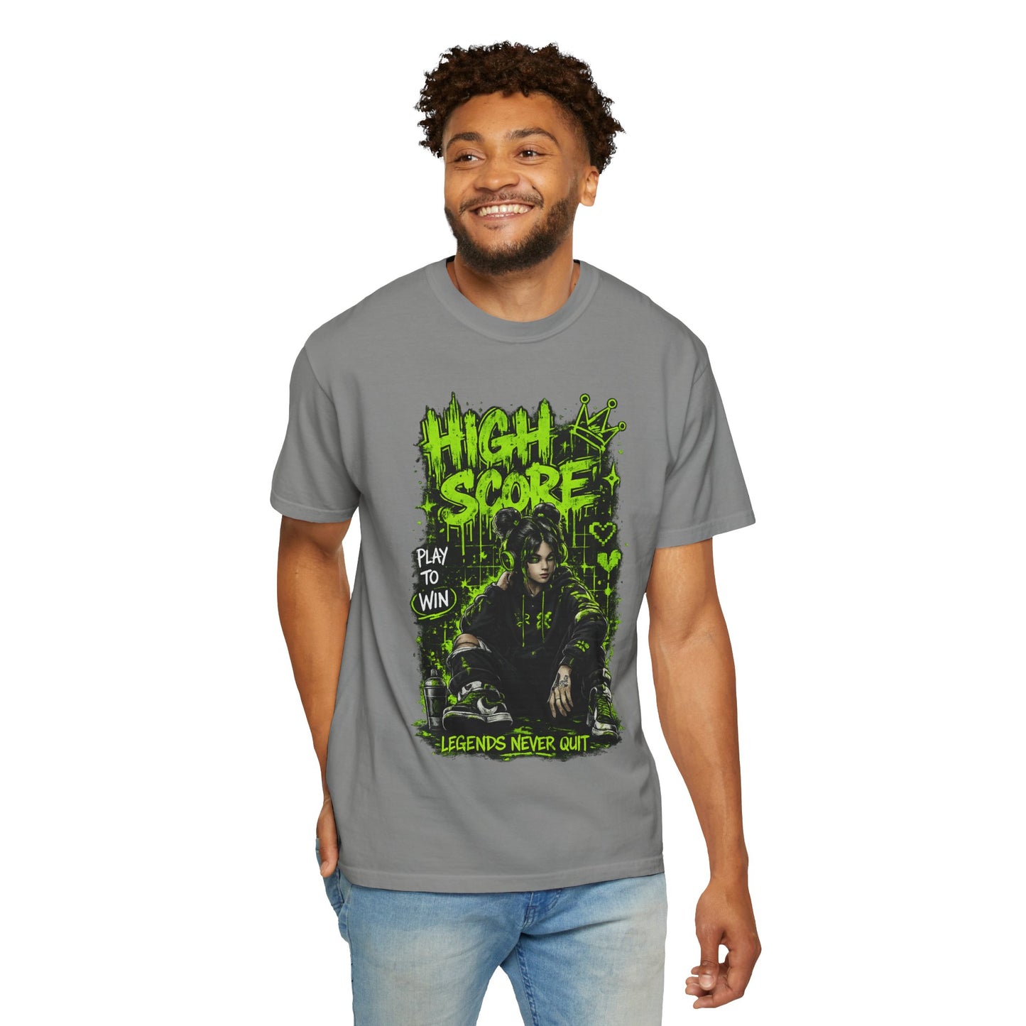High Score Graphic T-Shirt — 'High Score: Legends Never Quit' Gamer Tee