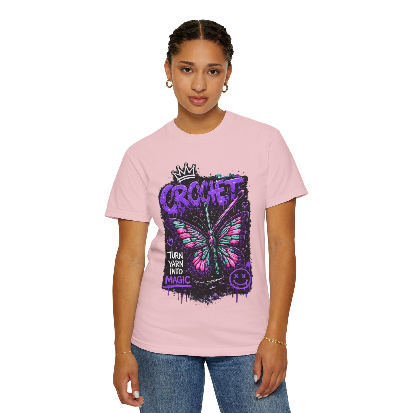 Crochet Butterfly T-Shirt — "Turn Yarn Into Magic" Graphic Tee