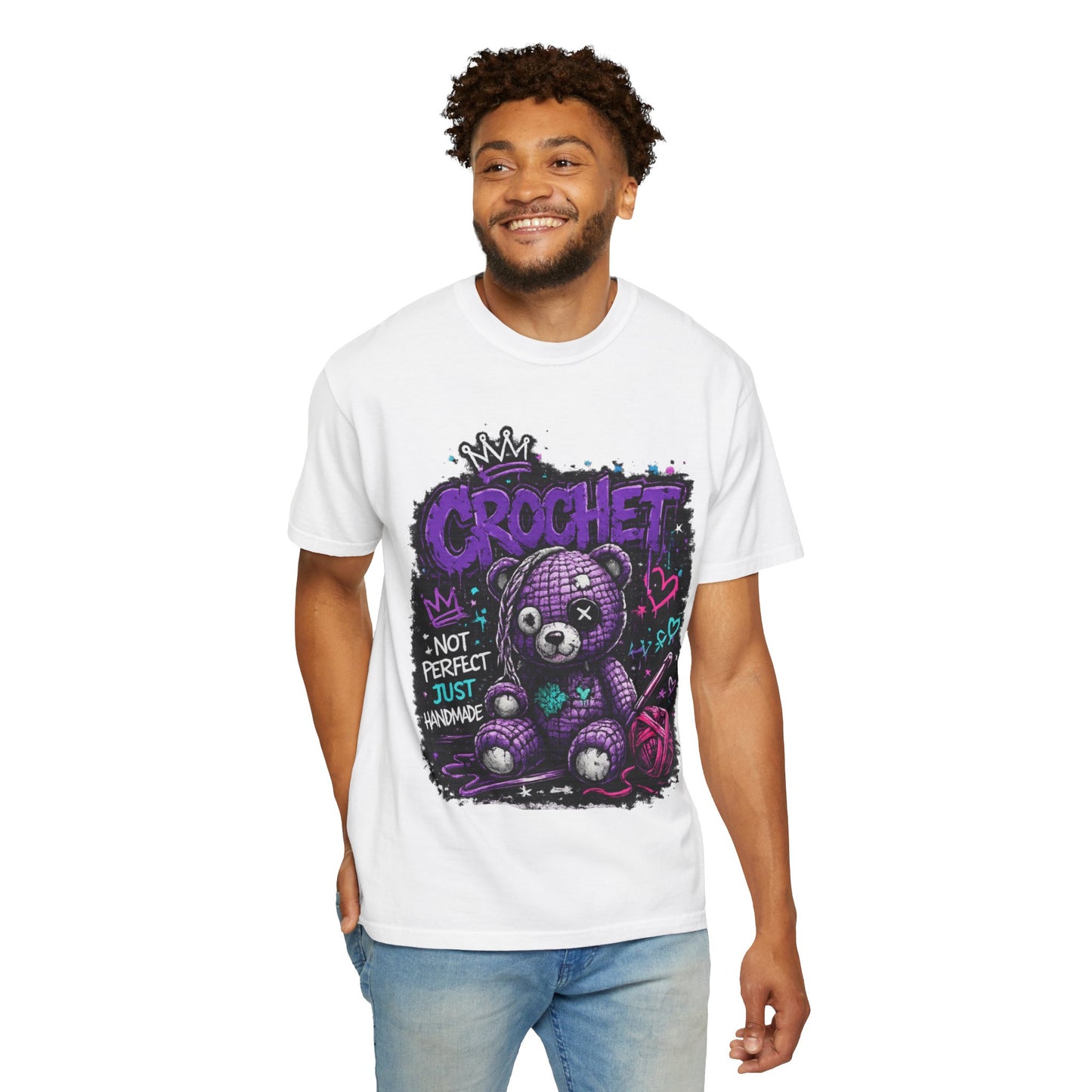 Crochet Teddy T-Shirt — "Not Perfect Just Handmade" Graphic Tee