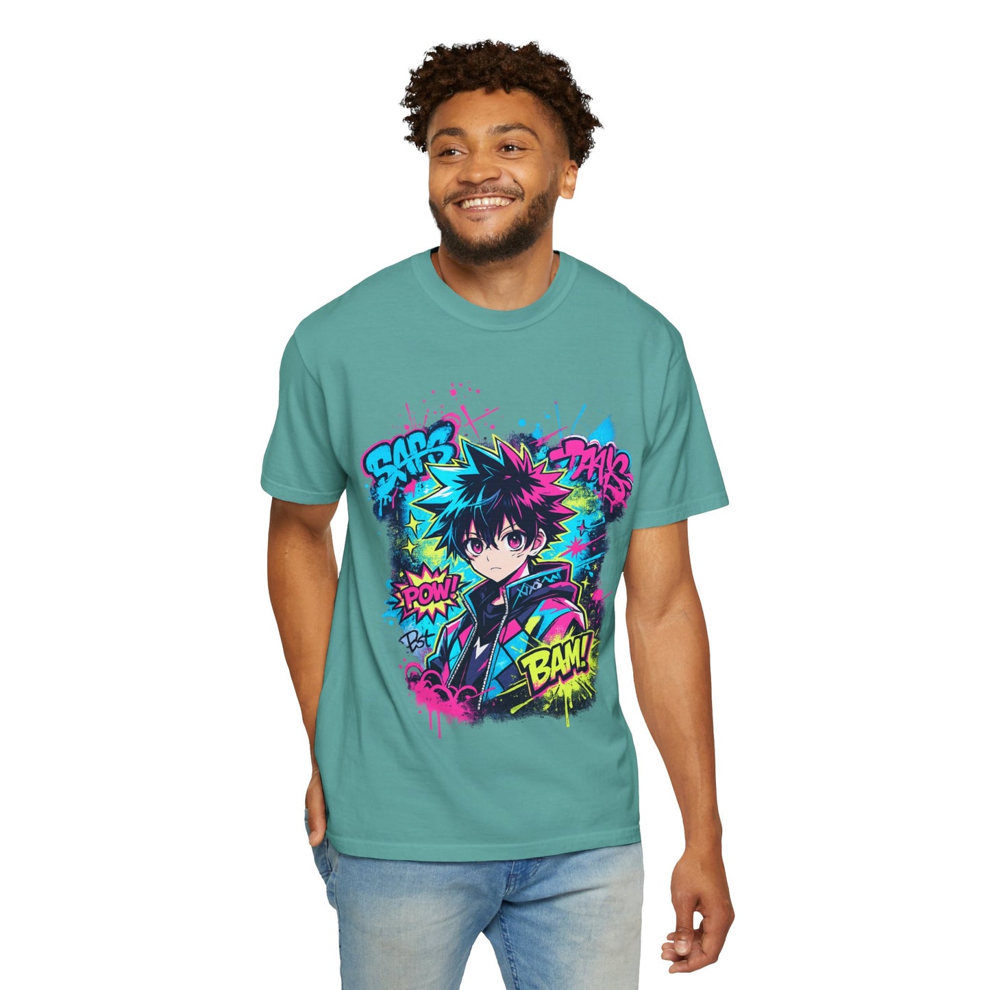 Anime Comic Boy Graphic T-Shirt — Neon Manga "BAM!" Design