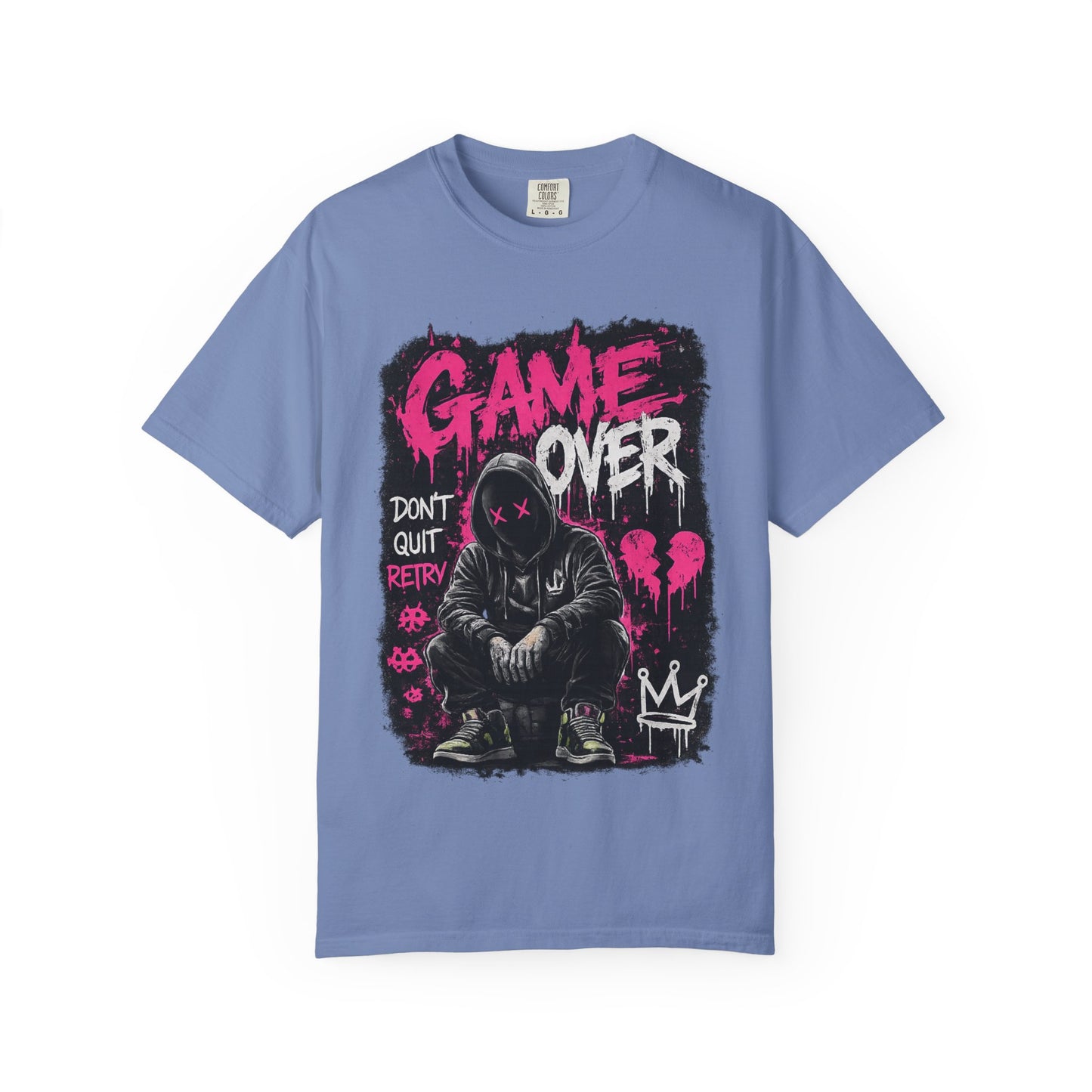 Game Over Graphic T-Shirt — Urban Streetwear Tee with Hooded Figure & 'Don't Quit, Retry' Design