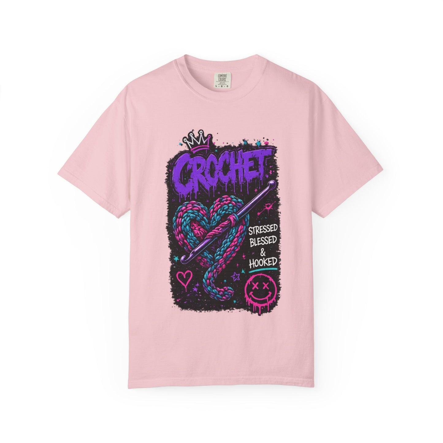 Crochet Graphic T-Shirt — "Stressed Blessed & Hooked" Retro Heart Design