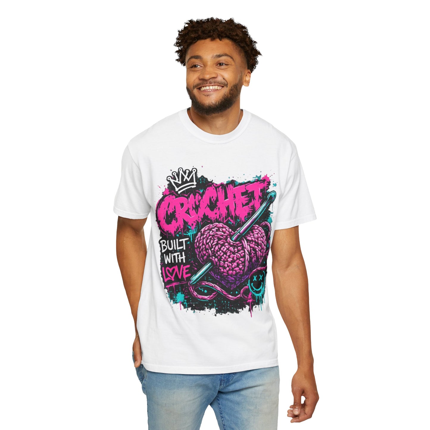 Crochet Built With Love T-Shirt — Retro Graffiti Heart Crochet Tee