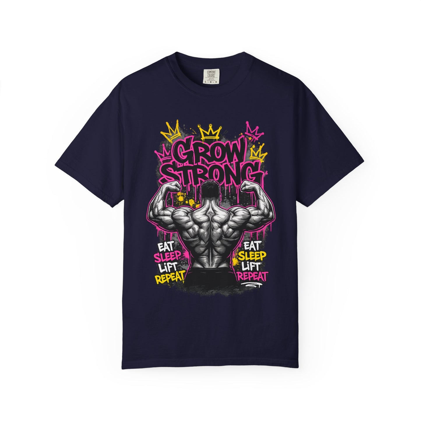 Grow Strong muscular back illustration T-shirt | Eat Sleep Lift Repeat gym tee