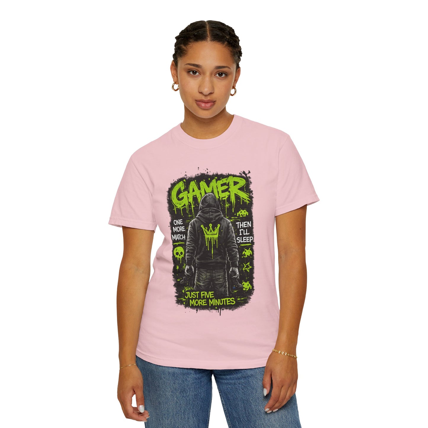 Gamer Hoodie-Style Graphic T-Shirt | Neon Green Skull, 'Just Five More Minutes'
