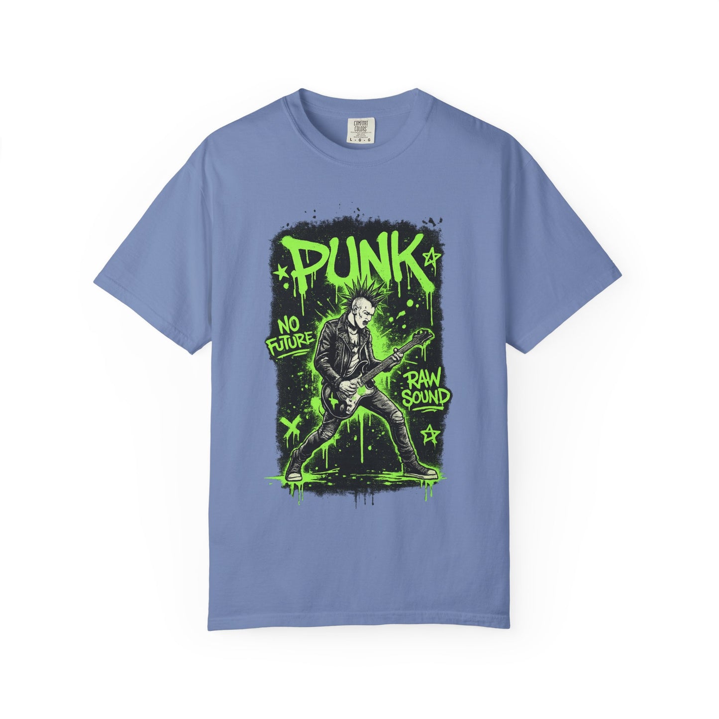 Punk Guitarist Graphic T-Shirt — “PUNK: No Future, Raw Sound” Neon Green Band Tee