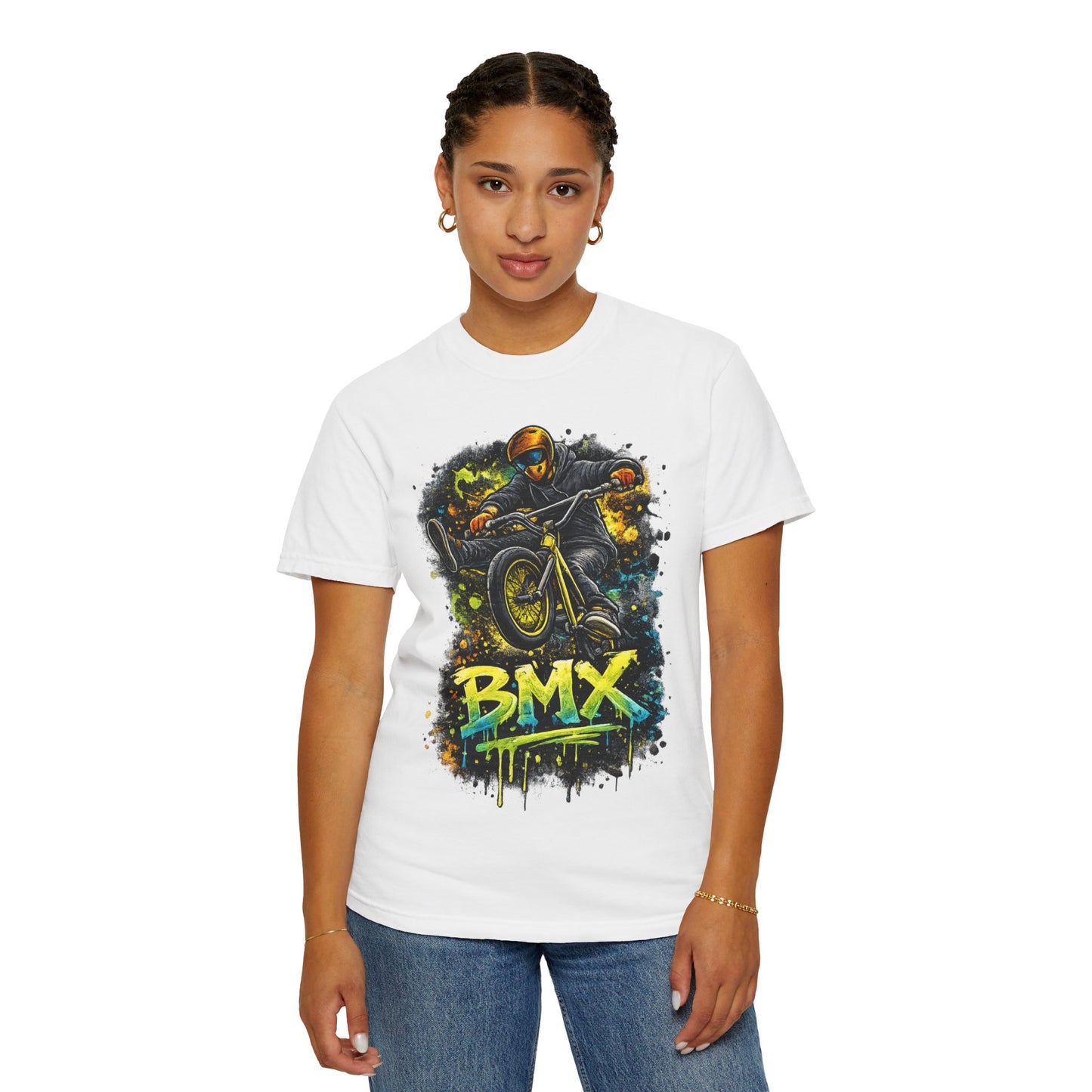 BMX Rider Graphic T-Shirt — Neon Stunt Bike Tee