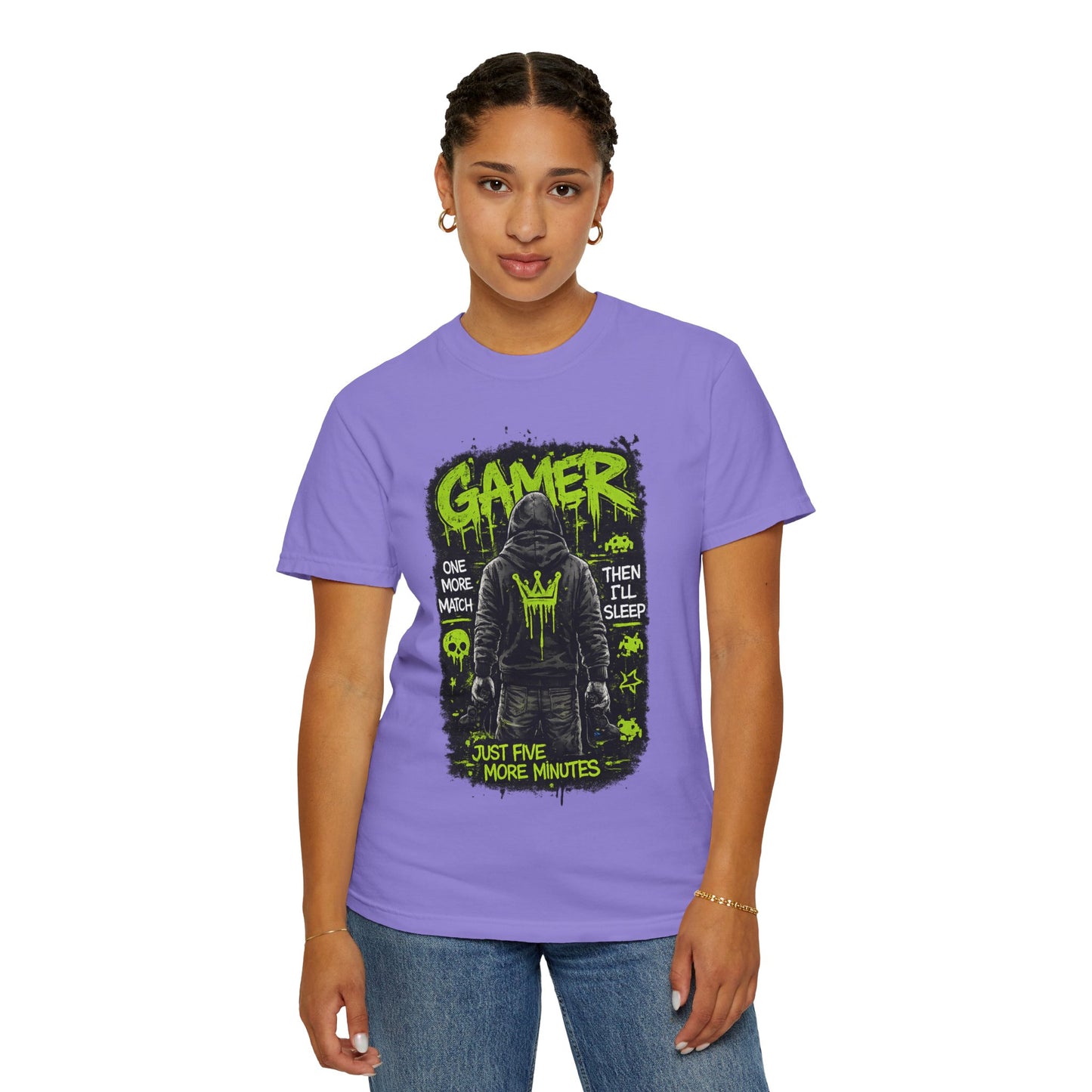Gamer Hoodie-Style Graphic T-Shirt | Neon Green Skull, 'Just Five More Minutes'