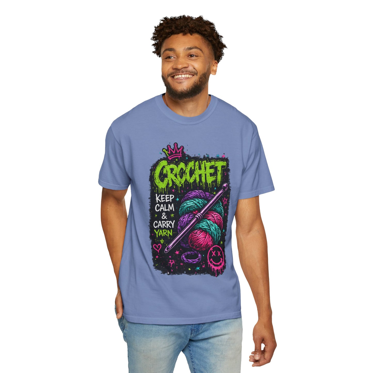 Crochet Keep Calm T-Shirt — Neon Yarn Graphic Tee for Crafters