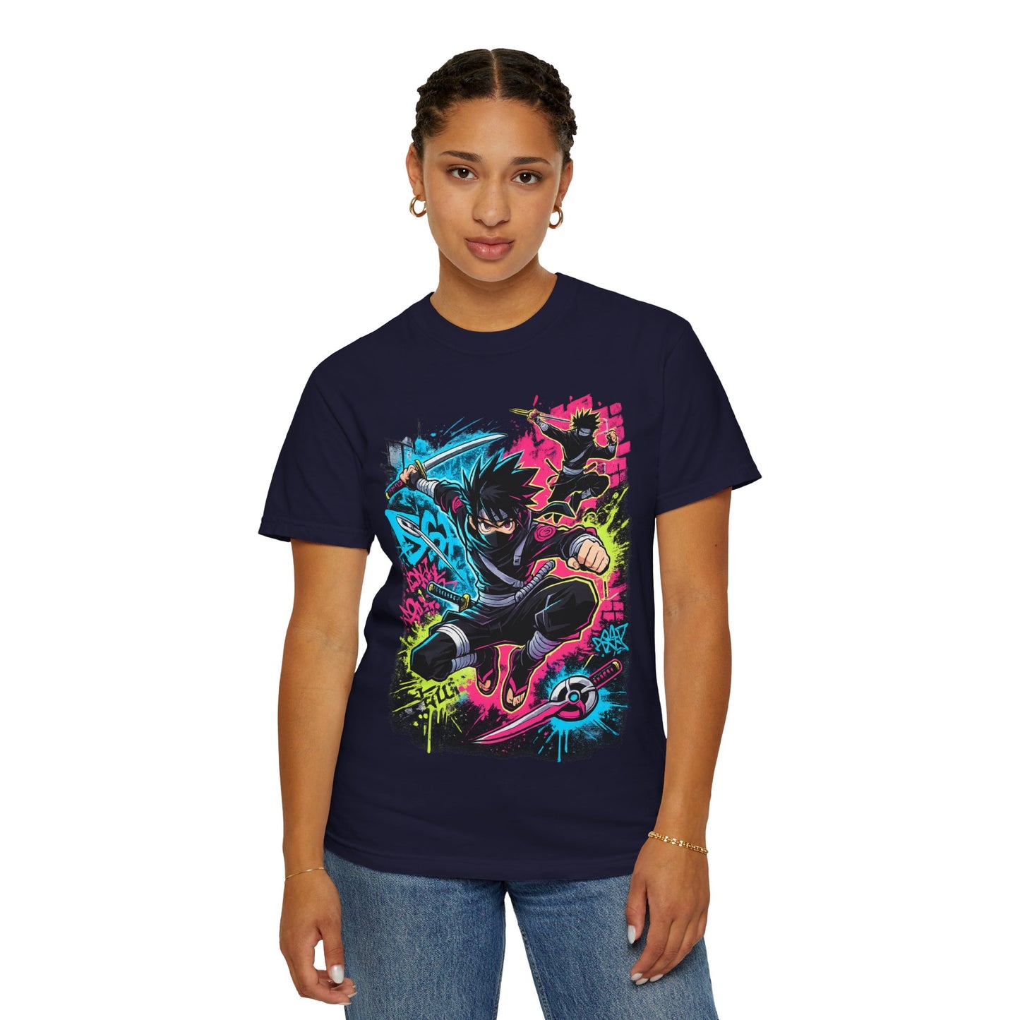 Anime Ninja Street Art T-Shirt — Neon Graffiti Graphic Tee