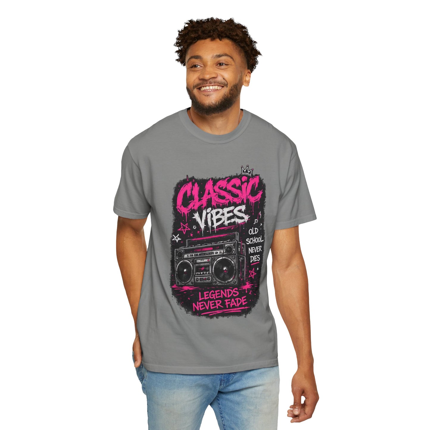 Classic Vibes T-Shirt — 'Legends Never Fade' Retro Boombox Graphic