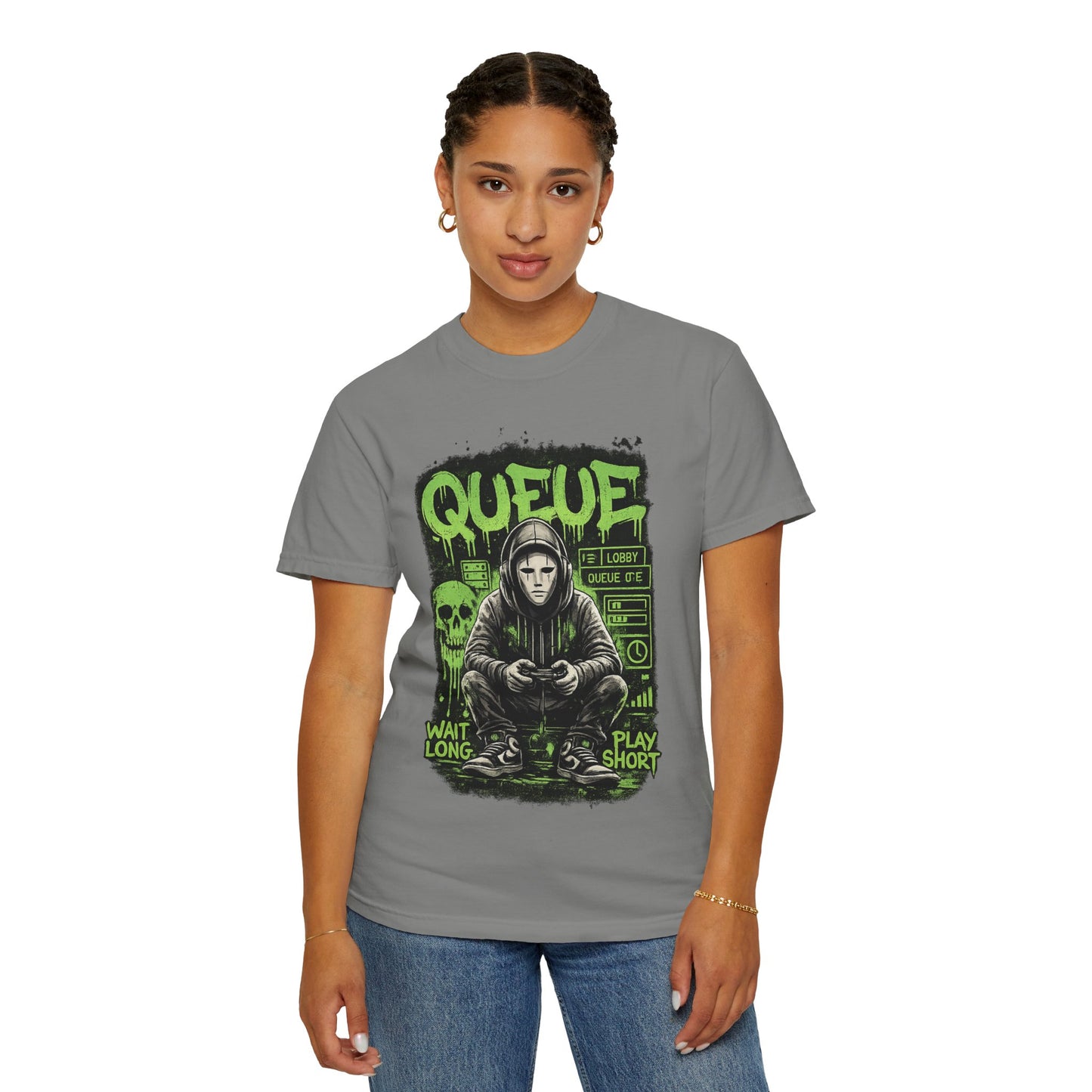 Queue Gamer Hoodie T-Shirt | Waiting Player Graphic Tee, Neon Green Skull Art