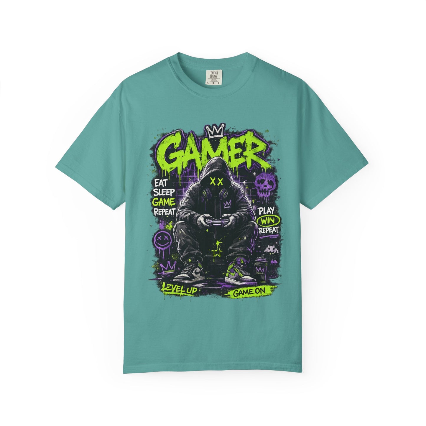 Gamer Hooded Figure Graphic T-Shirt | Neon Green Purple Streetwear