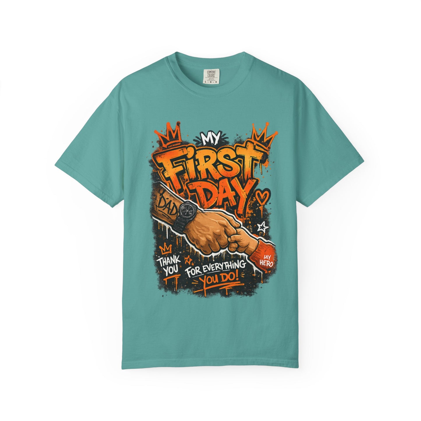 My First Day graphic T-shirt | Thank You Dad, hand shake illustration