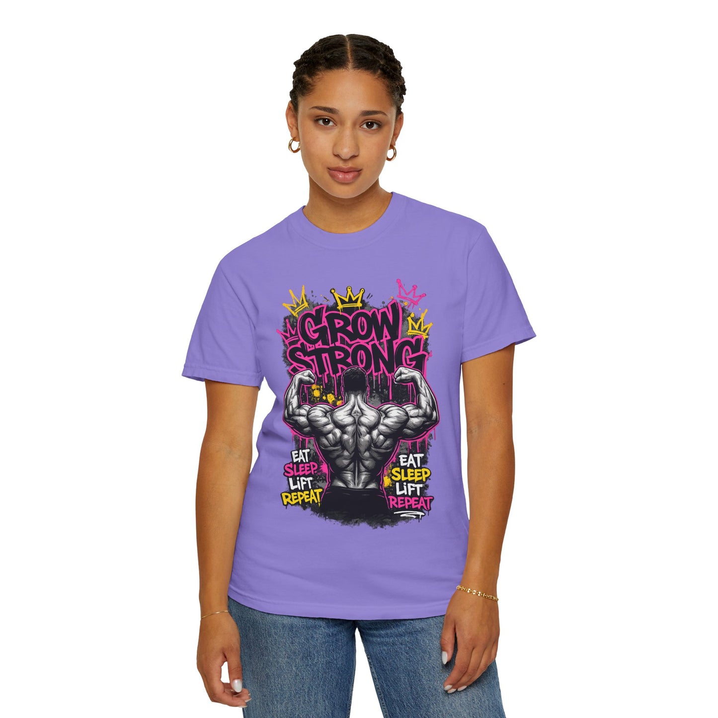 Grow Strong muscular back illustration T-shirt | Eat Sleep Lift Repeat gym tee