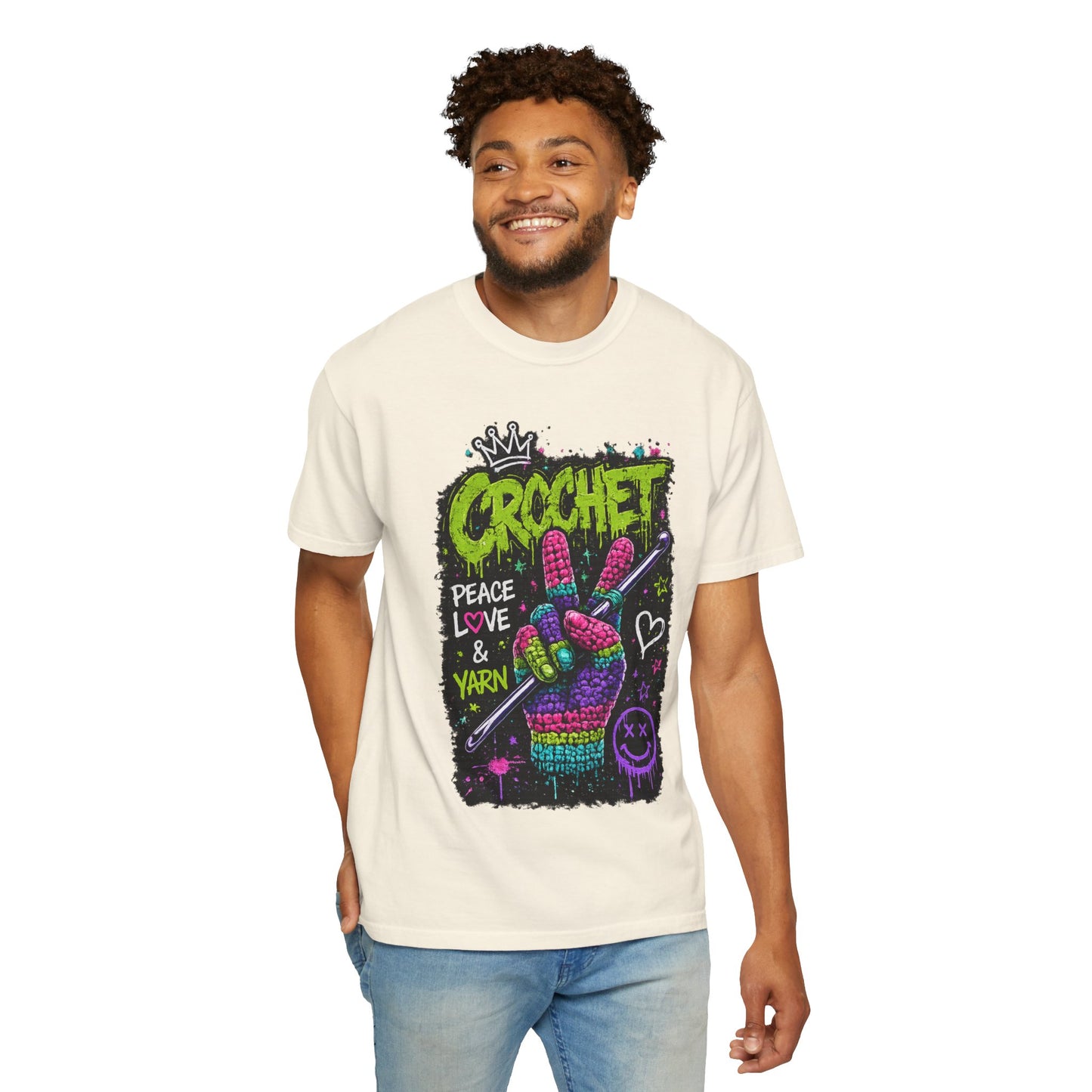 Crochet Peace Sign T-Shirt — "Crochet: Peace, Love & Yarn" Graphic Tee