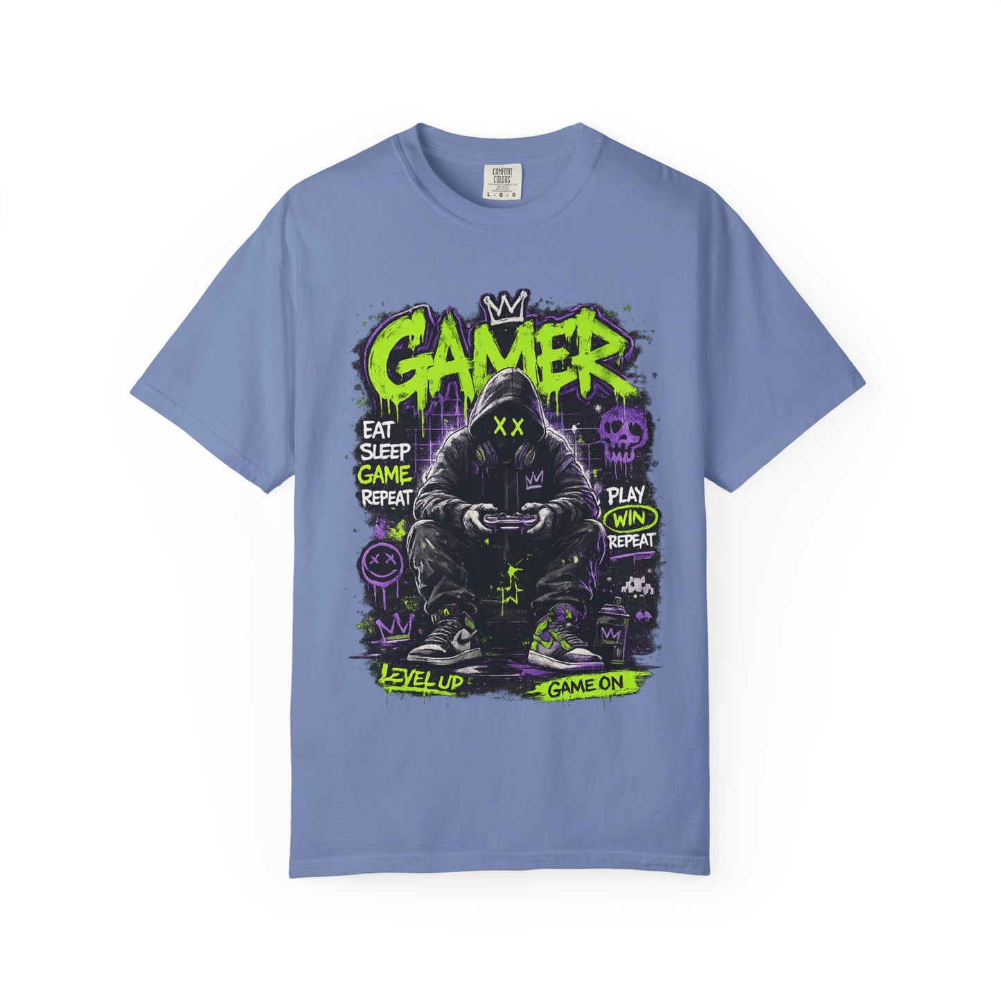 Gamer Hooded Figure Graphic T-Shirt | Neon Green Purple Streetwear