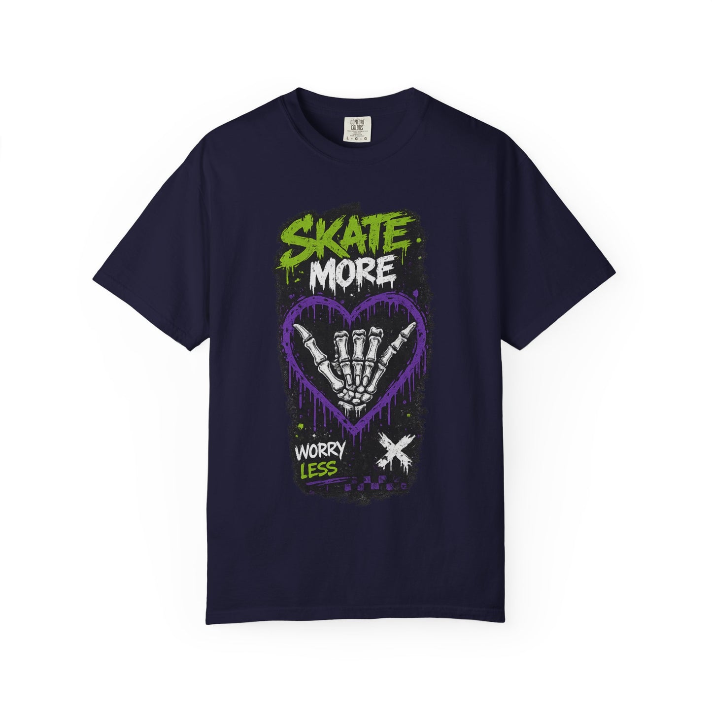 Skate More Worry Less T-Shirt — Skateboard Skeleton Hand Graphic Tee