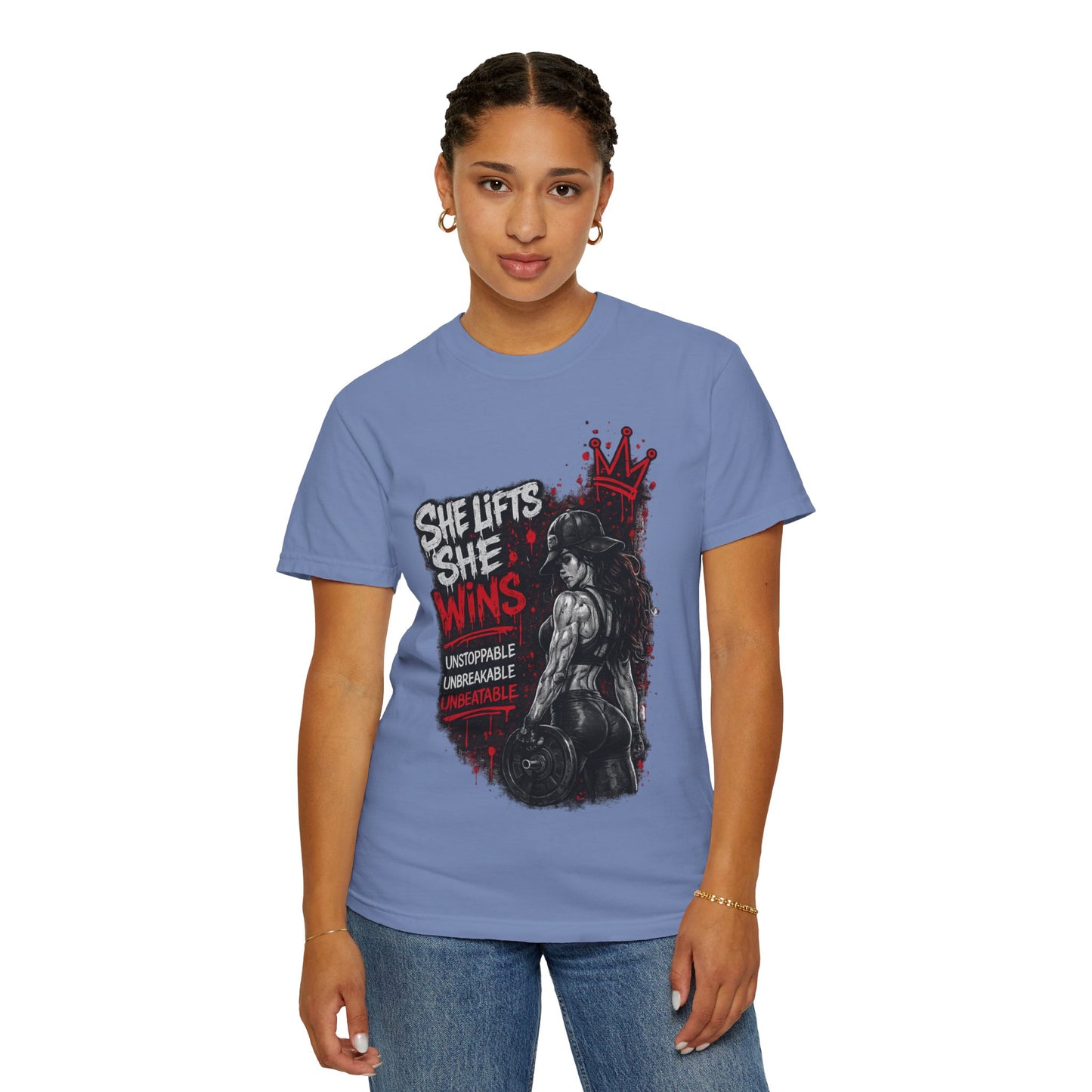 She Lifts She Wins T-Shirt — Women’s Strength Fitness Graphic Tee