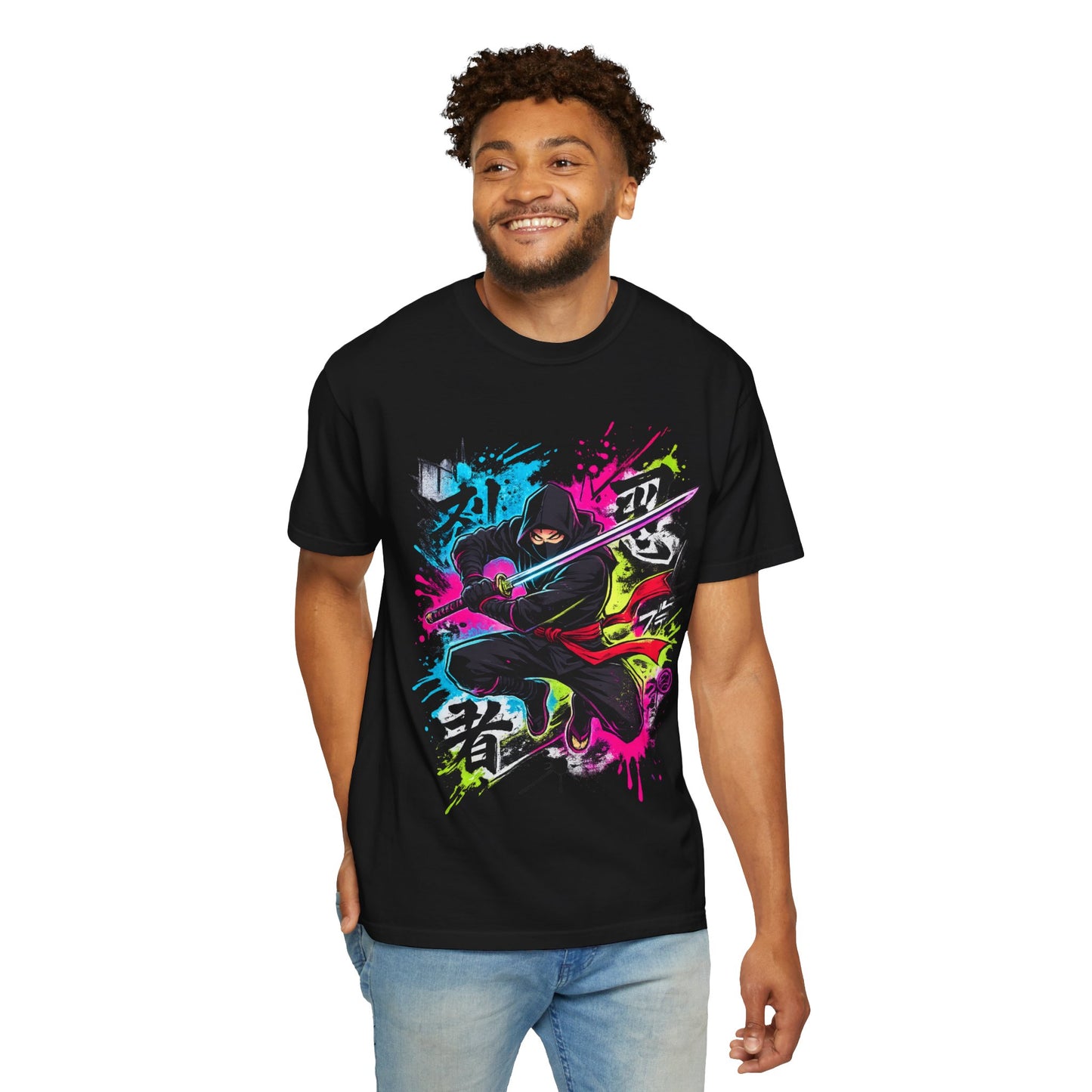 Neon Ninja Samurai T-Shirt — Vibrant Graffiti Sword Art
