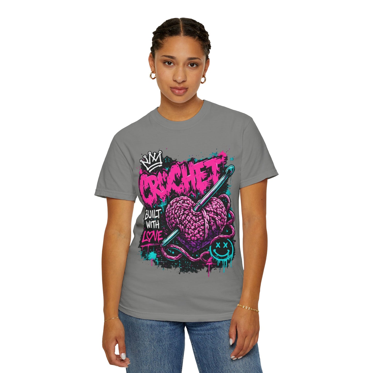 Crochet Built With Love T-Shirt — Retro Graffiti Heart Crochet Tee