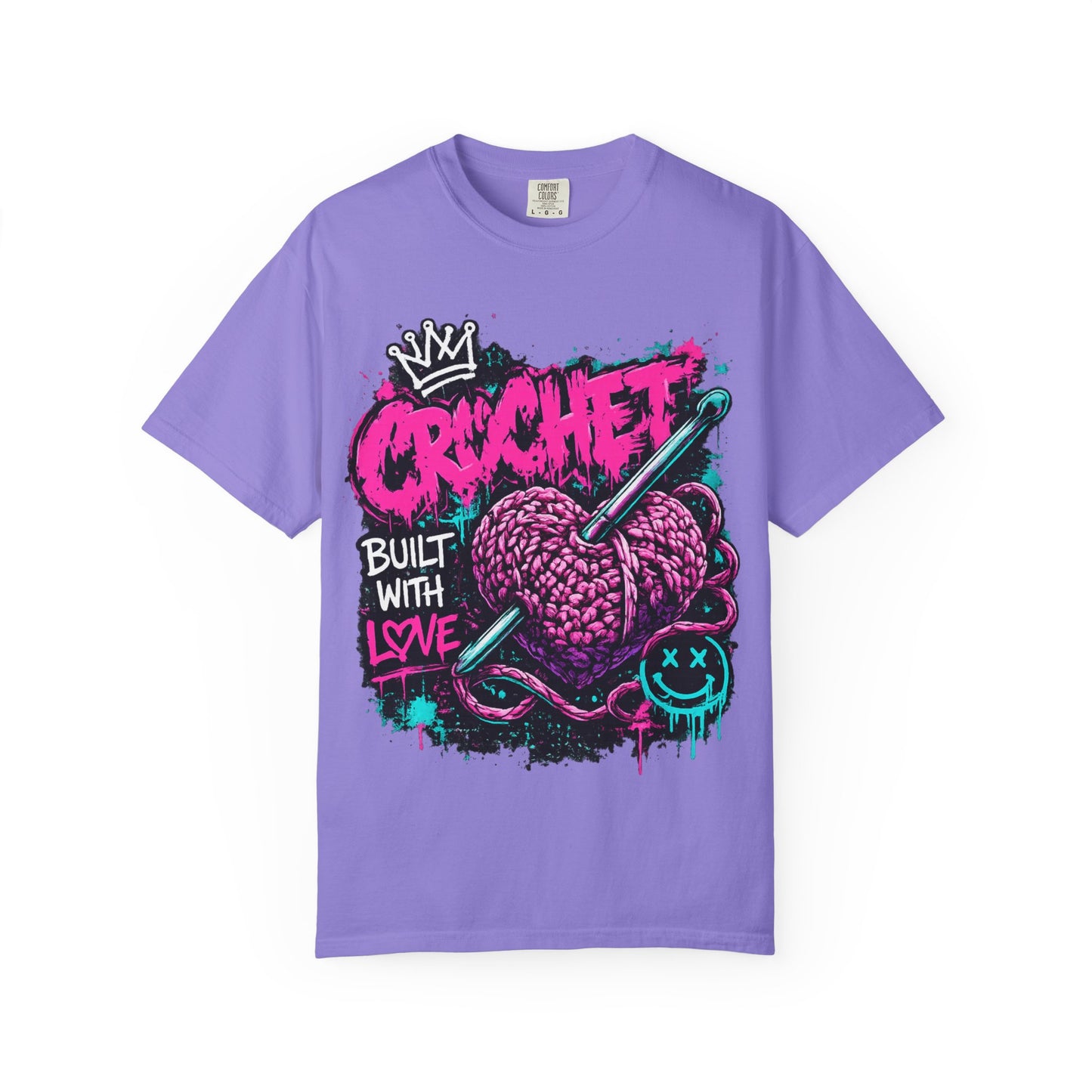 Crochet Built With Love T-Shirt — Retro Graffiti Heart Crochet Tee