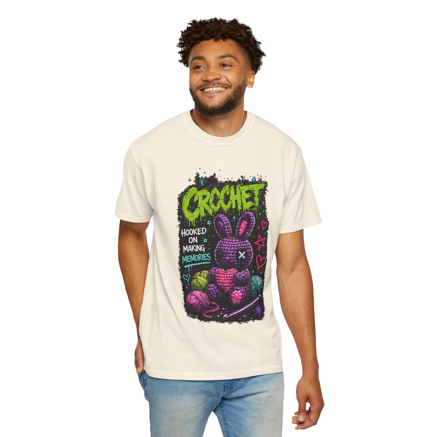 Crochet Bunny Graphic T-Shirt — “Hooked on Making Memories”