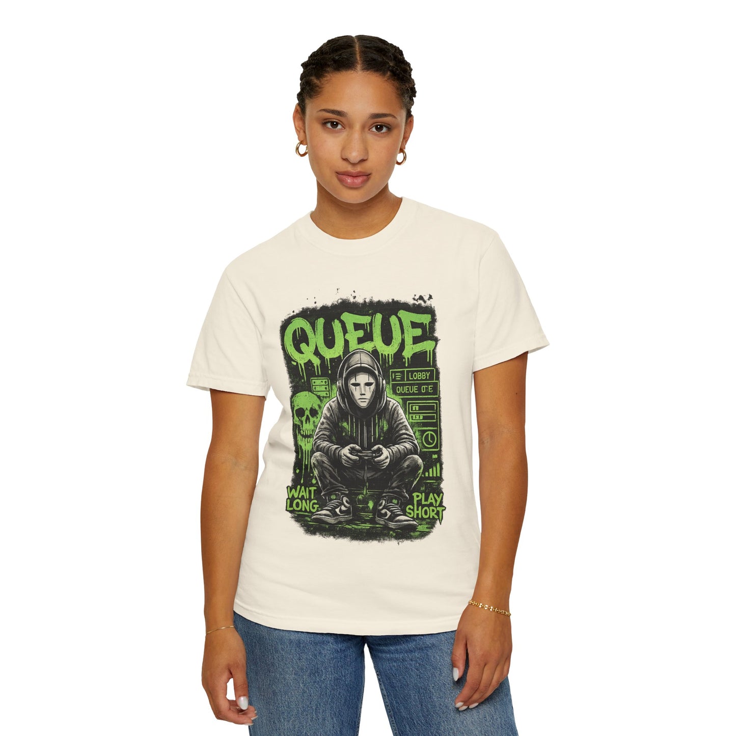 Queue Gamer Hoodie T-Shirt | Waiting Player Graphic Tee, Neon Green Skull Art