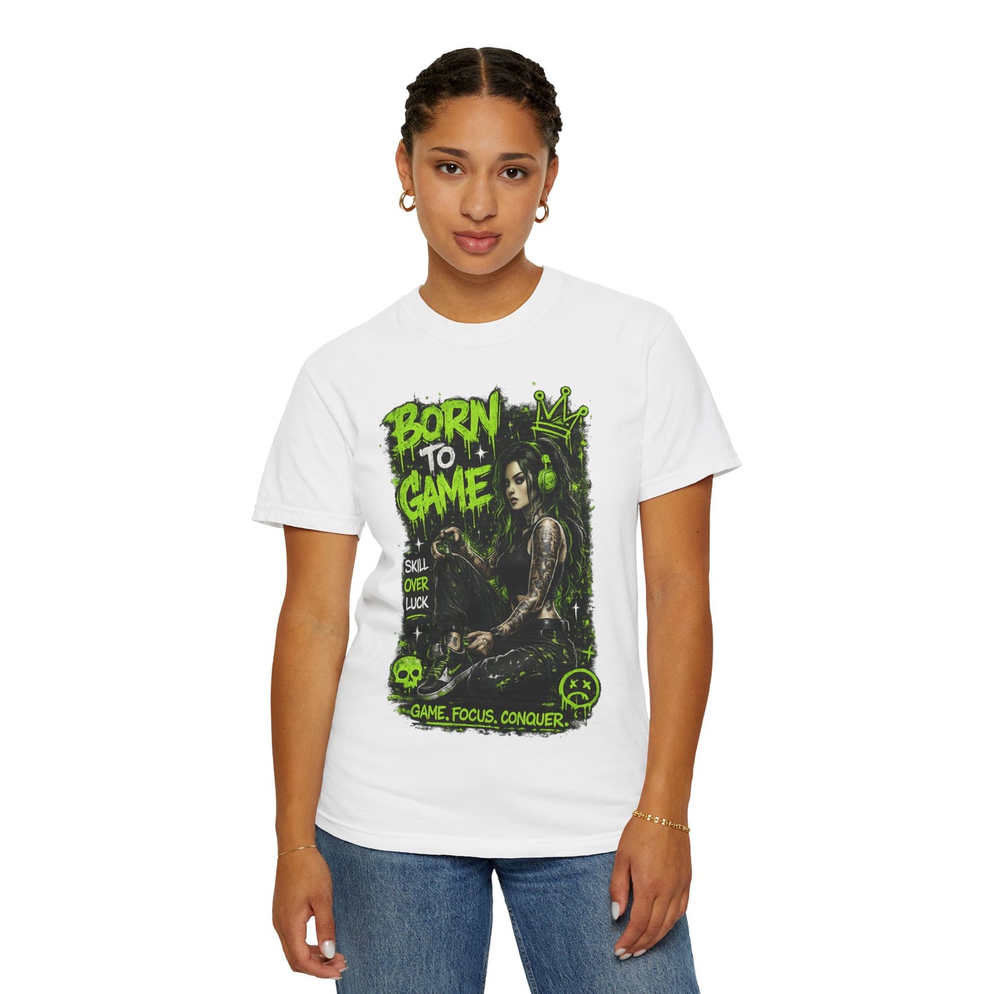 Born to Game Graphic T-Shirt — Gamer Skull & Neon Green Design