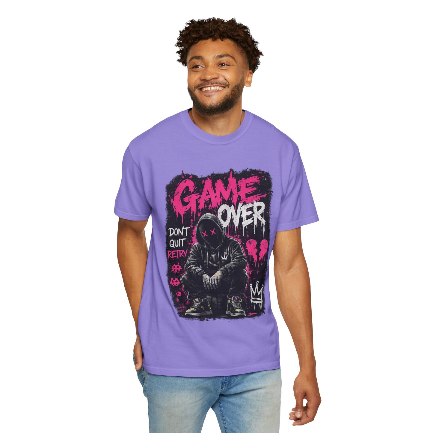 Game Over Graphic T-Shirt — Urban Streetwear Tee with Hooded Figure & 'Don't Quit, Retry' Design