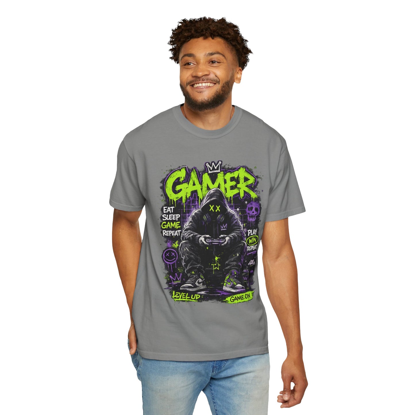 Gamer Hooded Figure Graphic T-Shirt | Neon Green Purple Streetwear