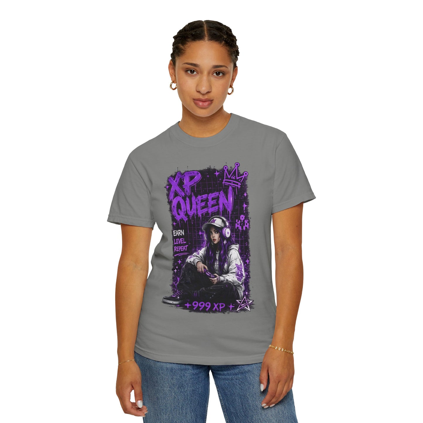 XP Queen T‑Shirt — Gamer Girl Graphic Tee (Earn Level Repeat +999 XP)