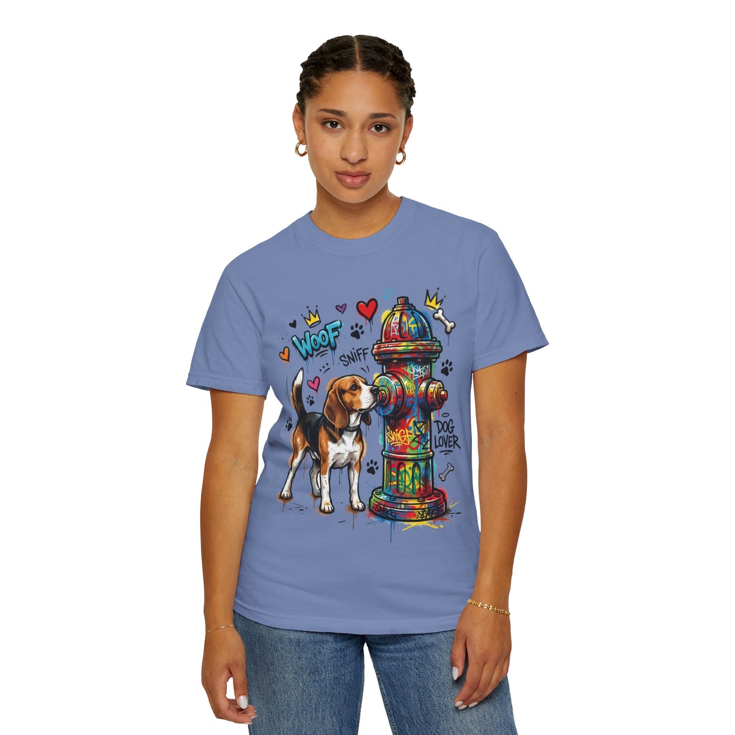 Beagle Dog Lover T-Shirt — Colorful Hydrant & 'Woof Sniff' Graphic