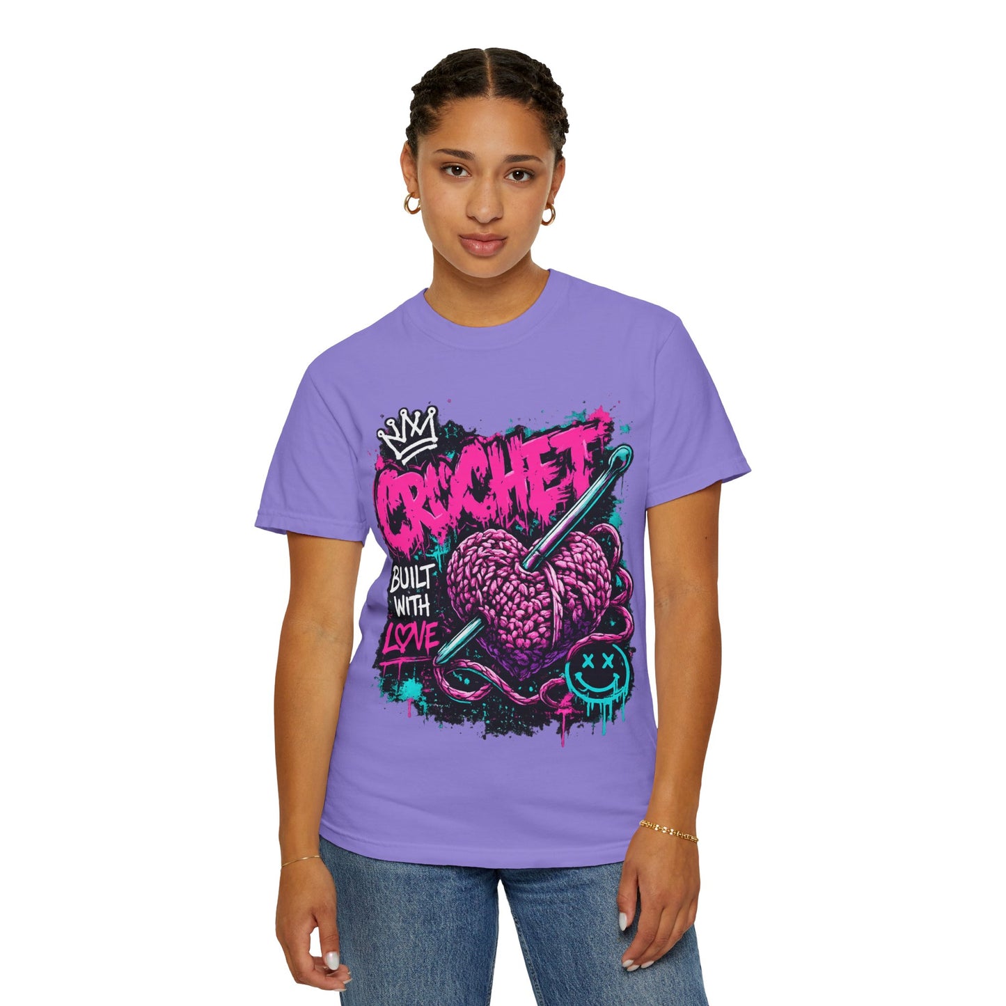 Crochet Built With Love T-Shirt — Retro Graffiti Heart Crochet Tee