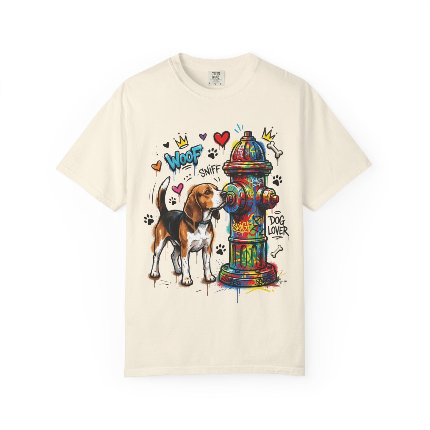 Beagle Dog Lover T-Shirt — Colorful Hydrant & 'Woof Sniff' Graphic