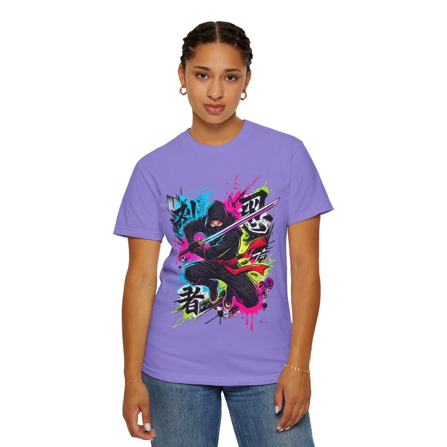 Neon Ninja Samurai T-Shirt — Vibrant Graffiti Sword Art